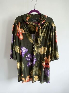Lauren Ralph Lauren Olive Floral Tie-Neck Blouse with Purple & Orange Blooms